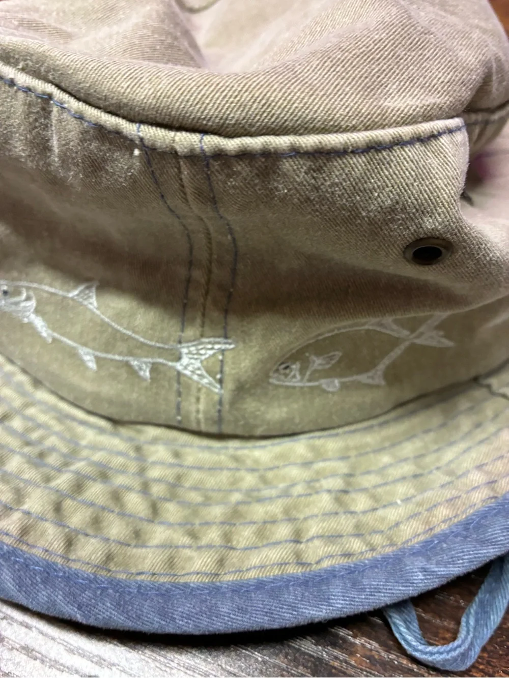 Vintage Fishing Bucket Hat in Olive Khaki with Chin Strap and Fish Embroidery